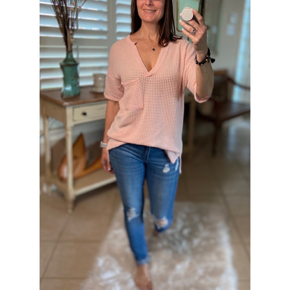 Popcorn Waffle Gabby V Neck Top Blush Pink 3620 - Picture 3 of 5
